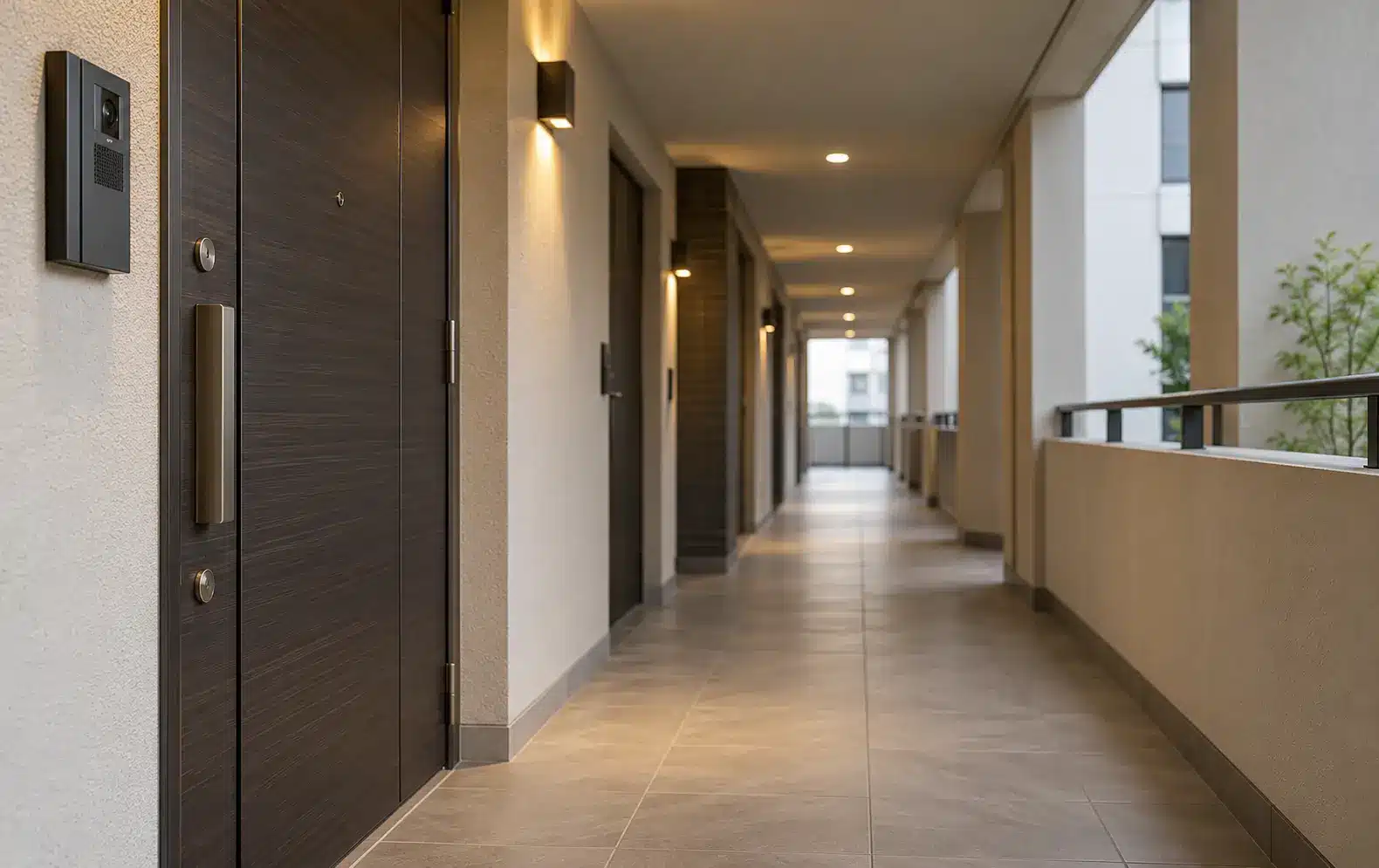 Corridoio condominiale con porte degli appartamenti e citofono.