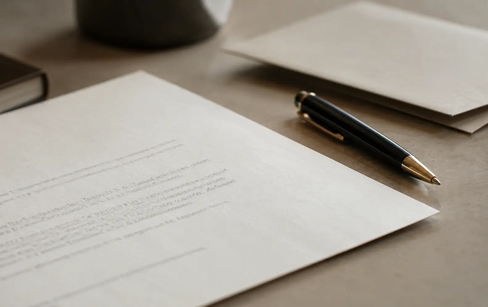 Lettera su una scrivania in legno, accanto a una busta e a una penna.