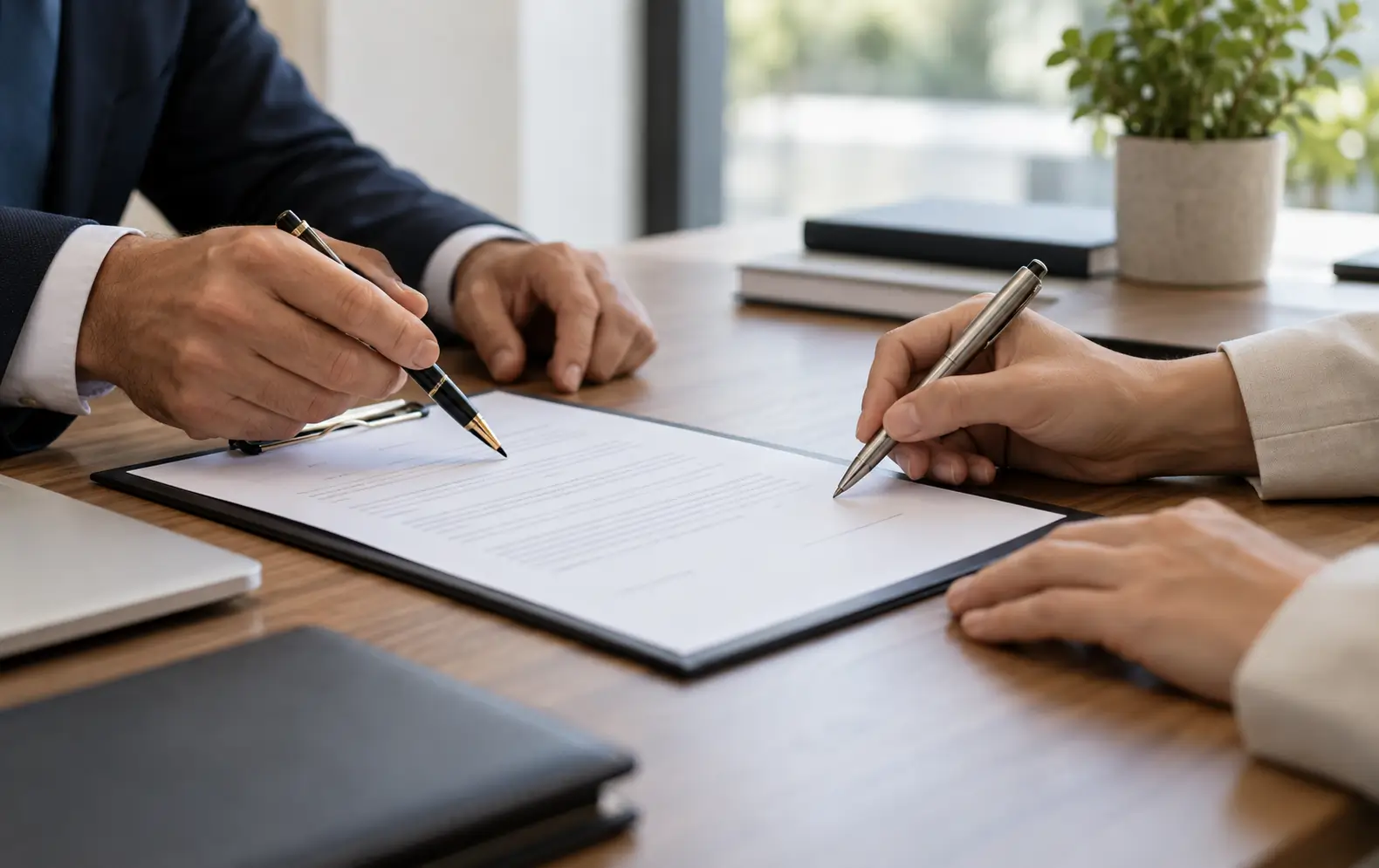 Mani di due persone accanto a un contratto sul tavolo, prima della firma.