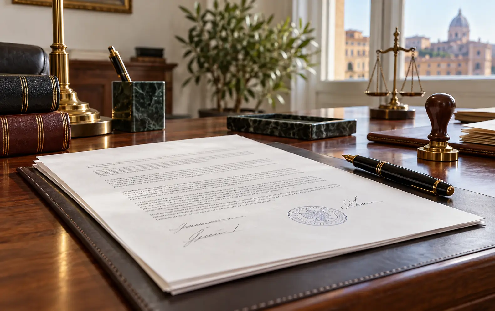 Documento con firme e timbro su una scrivania, accanto a una penna.
