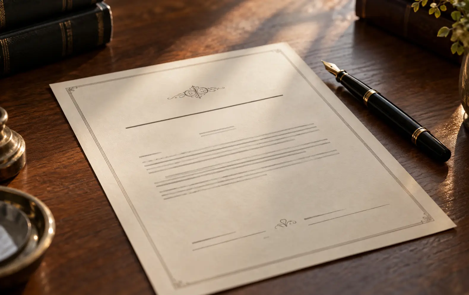 Documento testamentario su una scrivania in legno, accanto a una penna stilografica.