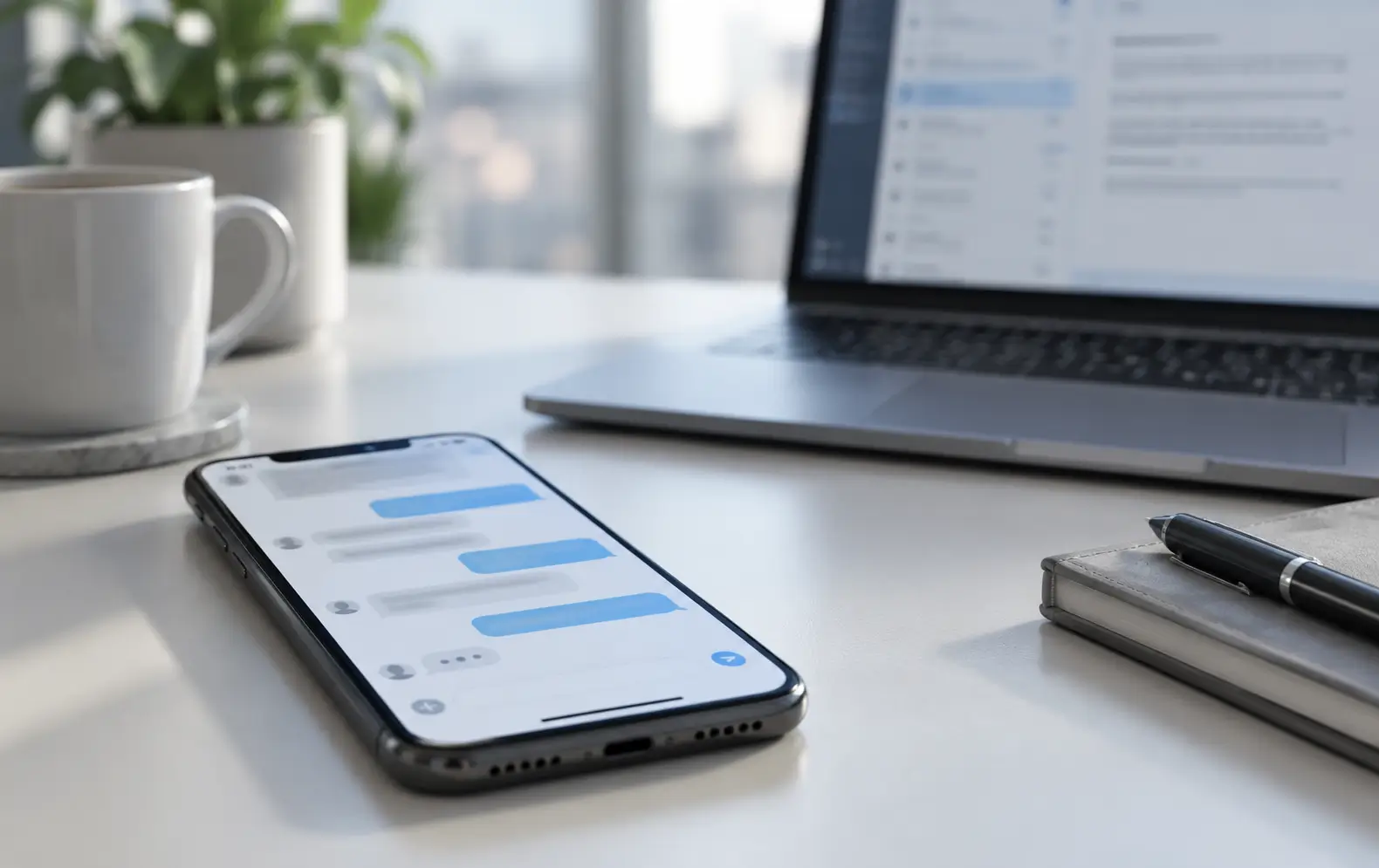Smartphone con una conversazione sullo schermo e computer portatile sullo sfondo.